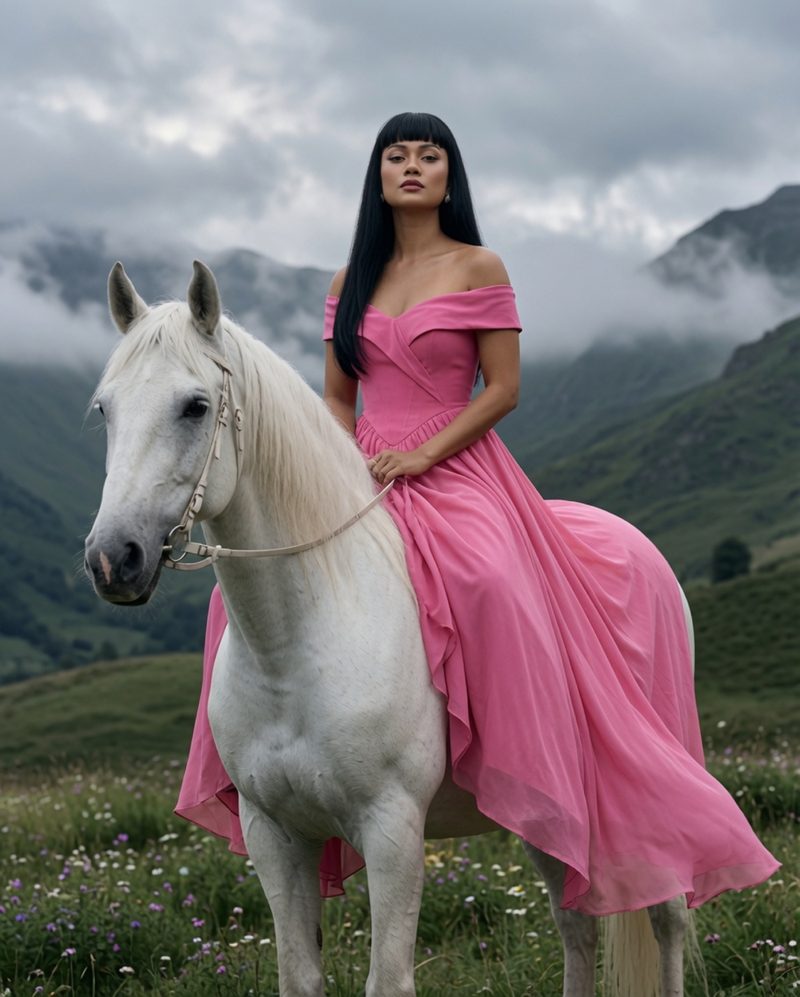 Devidasa Kawal in an off-the-shoulder pink chiffon gown, seated on a white horse in a green mountain meadow under low clouds