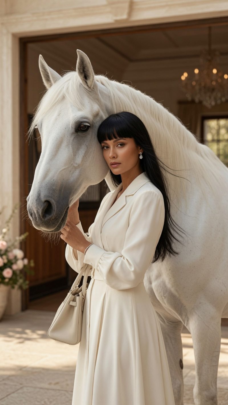 Devidasa Kawal in an ivory wrap coat dress, holding an ivory handbag, standing cheek to cheek with a white horse in a sunlit stone entryway