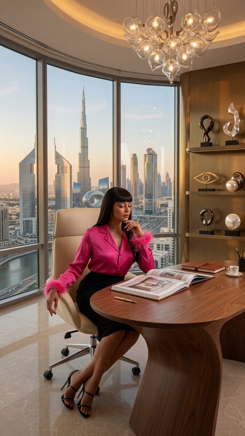 Devidasa Kawal in a pink silk blouse with feather cuffs and a black skirt, seated at a walnut desk reading a book, with the Dubai skyline through floor-to-ceiling windows