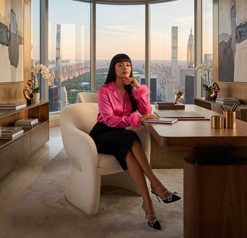 Devidasa Kawal in a pink satin blouse with feather cuffs and a black pencil skirt, seated in a cream armchair at a walnut desk in a corner office overlooking Central Park and the Manhattan skyline